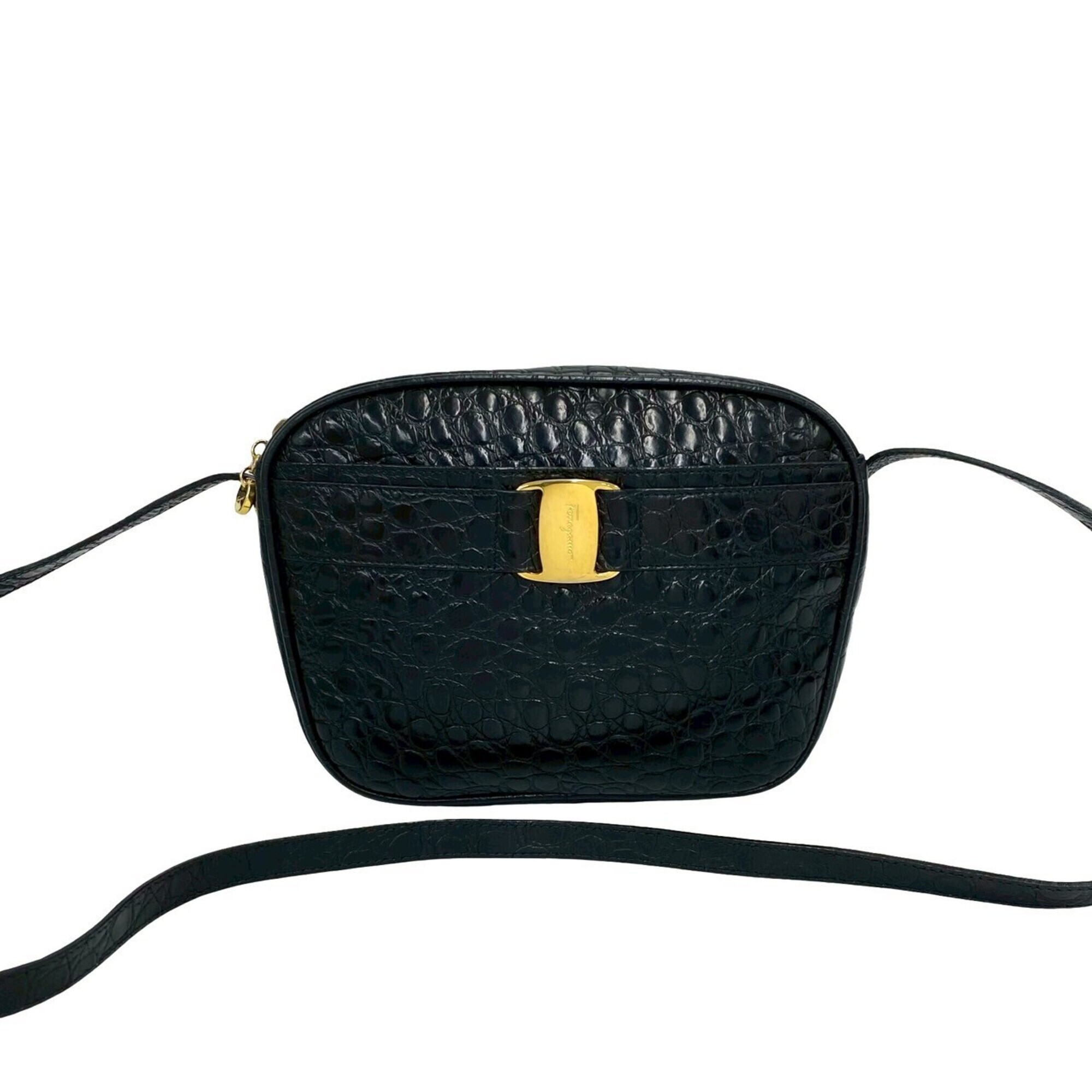 Salvatore Ferragamo Vintage Vara Leather Semi-Shoulder Bag With Hardware, Bla...